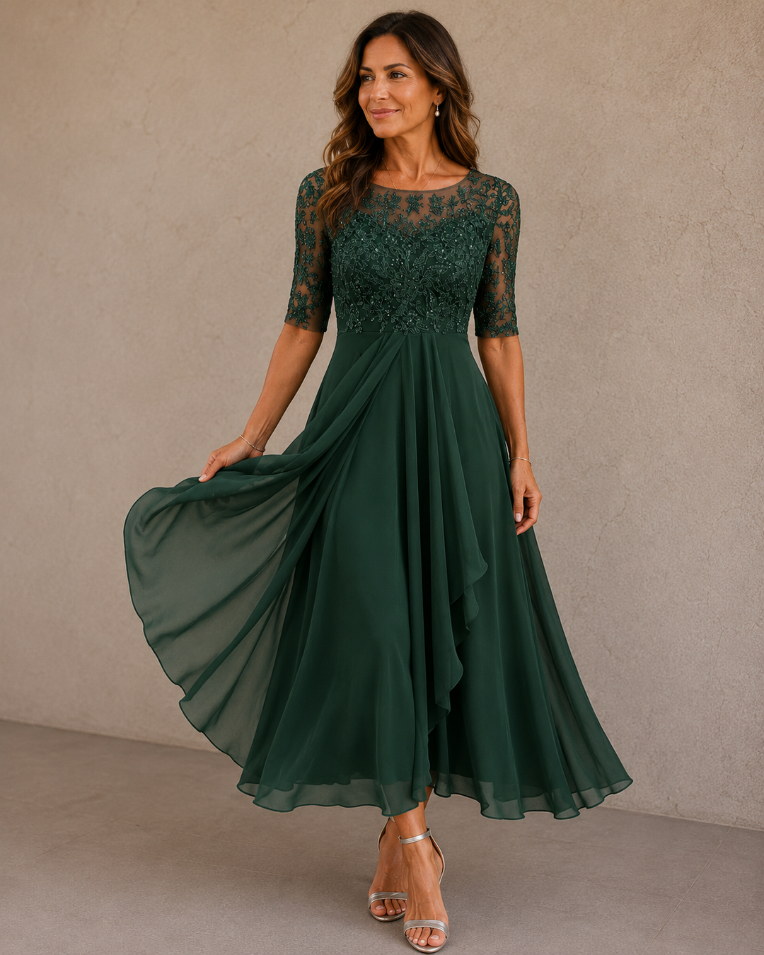 ELEONORA | Lace & Chiffon Midi Dress